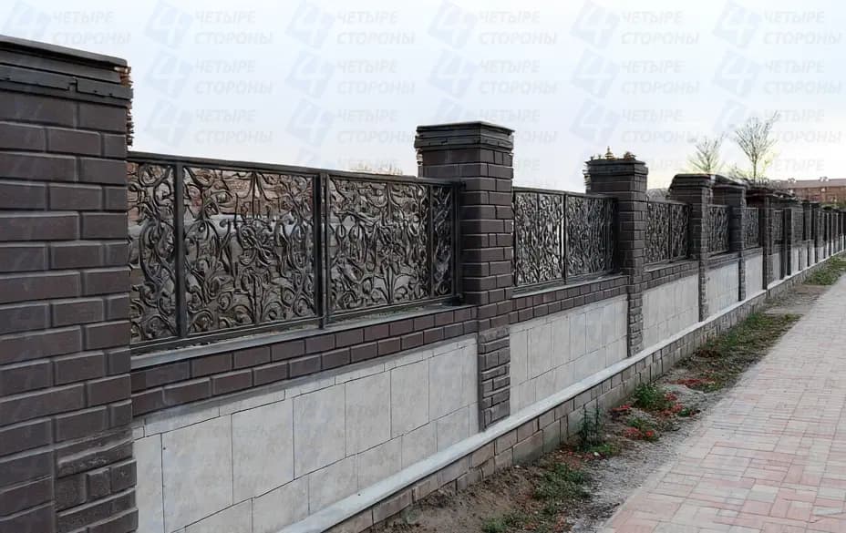 Комбинированный забор Кирпич+Металл (патина, зима, RAL)