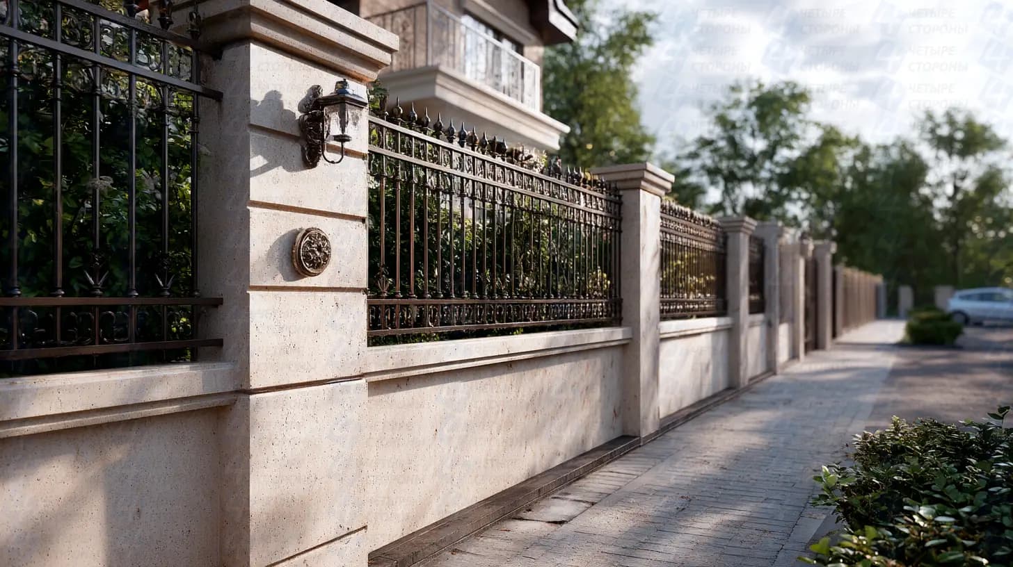 Декоративный бетонный забор с ковкой