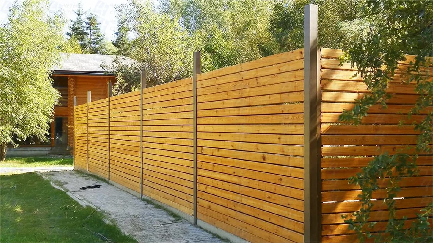 Двусторонний забор дерево+металл (сосна и сталь), горизонтальные доски