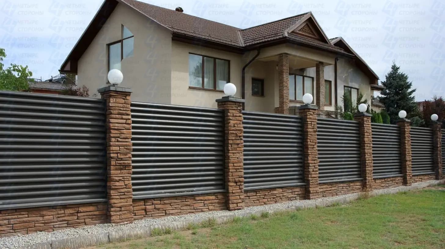 Горизонтальный евроштакетник с каменными столбами