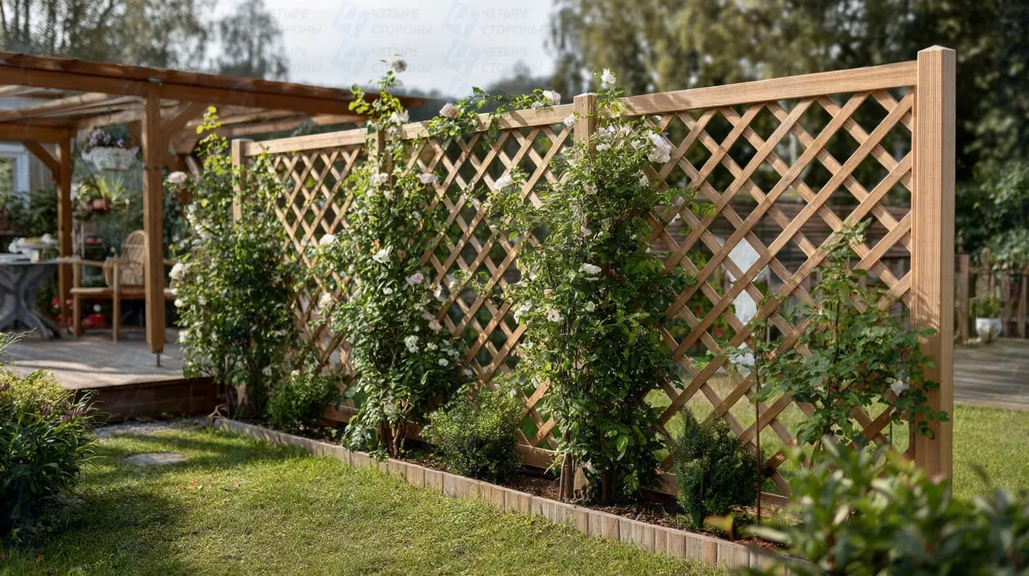 Забор-решётка для сада (сосна + металл, антисептик + лак)